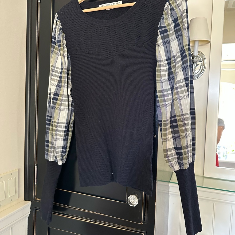 Veronica Beard Navy Blue Knit Top with Plaid Sleeve